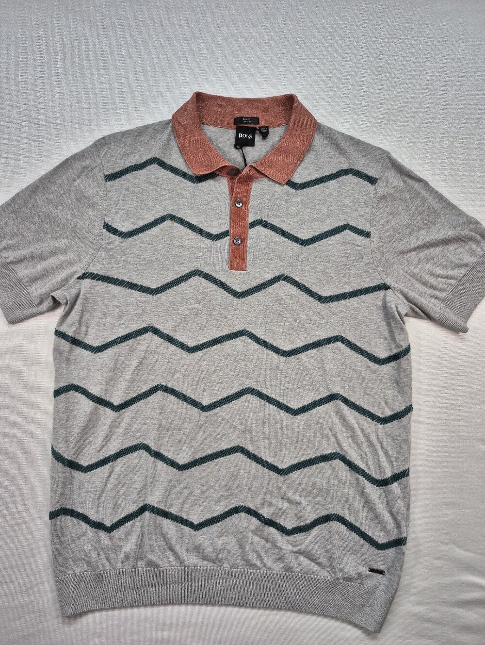 Hugo BOSS Turani Knit Shirt XL Pattern Green, Gray, Salmon Cotton Slim  NWT $208